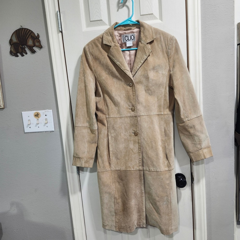 Suede Clio Tan Genuine Leather Long Trench Coat Jacket Womens Size 4 Vintage